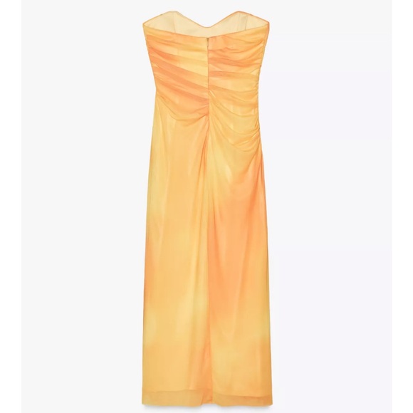 Zara NWT yellow orange tie dye printed tulle midi draped ruched sweetheart dress - Picture 14 of 15